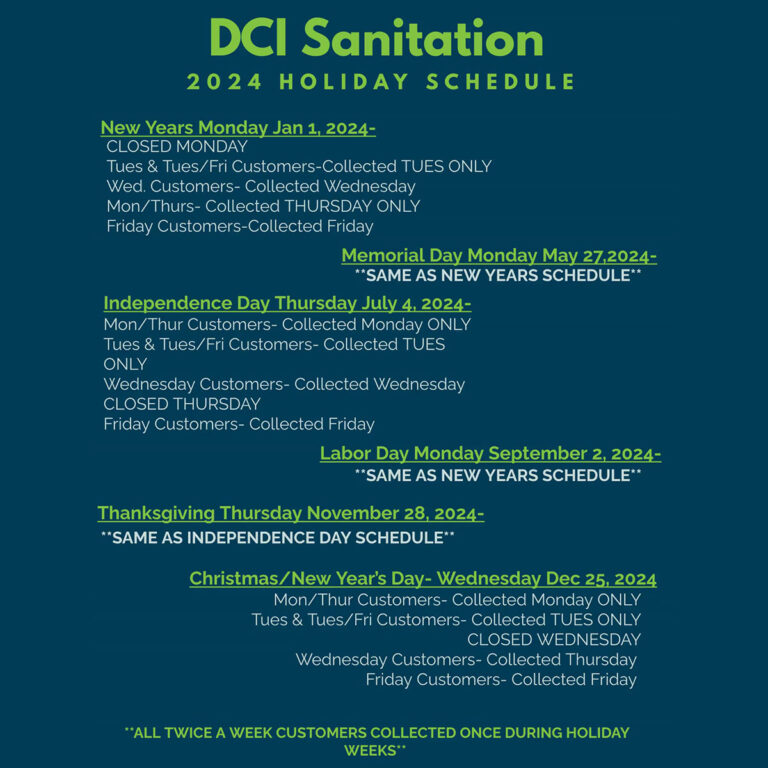 2024 Holiday Schedule DCI Sanitation